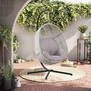77 in. Biege Flame C-Shape Bracket Outdoor Patio Wicker Rattan Steel Swing Chair with Quick Dry Cushion