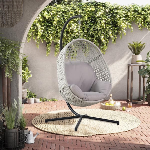 Satico 77 in. Biege Flame C-Shape Bracket Outdoor Patio Wicker Rattan Steel Swing Chair with Quick Dry Cushion