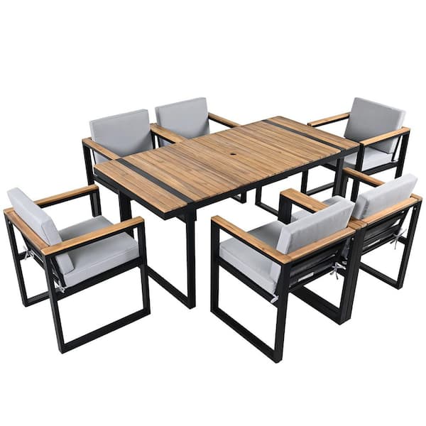 7-Piece Black Metal Outdoor Dining Set, Wooden Top Patio Table with 2" Umbrella Hole & 6 Arm Chairs with Gray Cushions