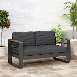 Black Aluminum Outdoor Loveseat with Black Cushions