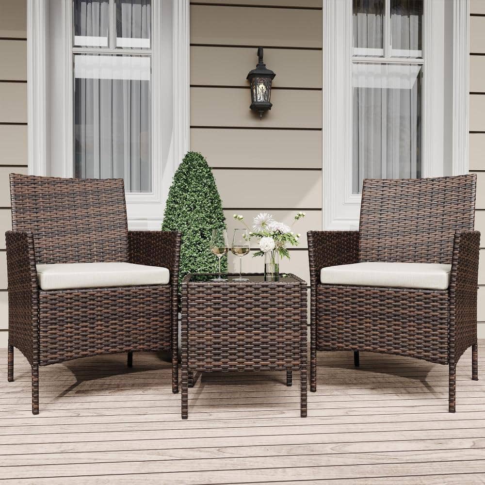 Three-Piece Bistro Set with Rattan Chairs, Brown Four-Strand Rattan and Off-White Cushions price history on PriceWatchPro