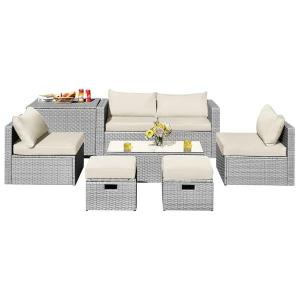 LIVIZA 8-Piece Wicker Patio Conversation Set with Off White Cushions and Storage Waterproof Cover