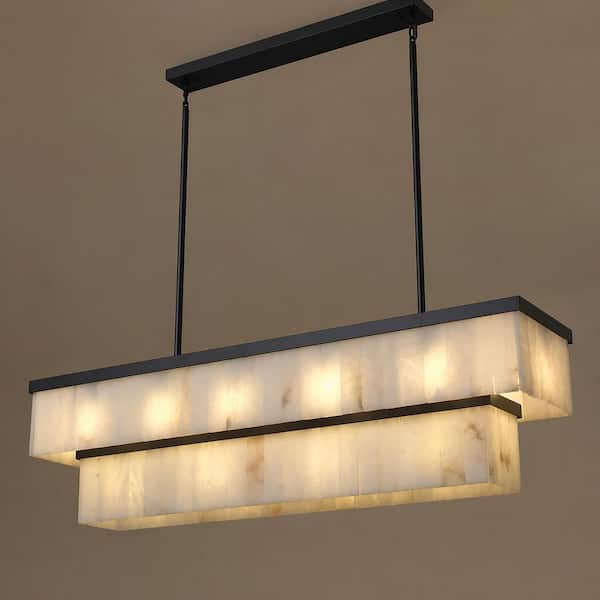 54 in. 16-Light Dimmable Black Alabaster Chandelier, 2-Tier Rectangle Kitchen Island Chandelier, for Dining Room, Foyer