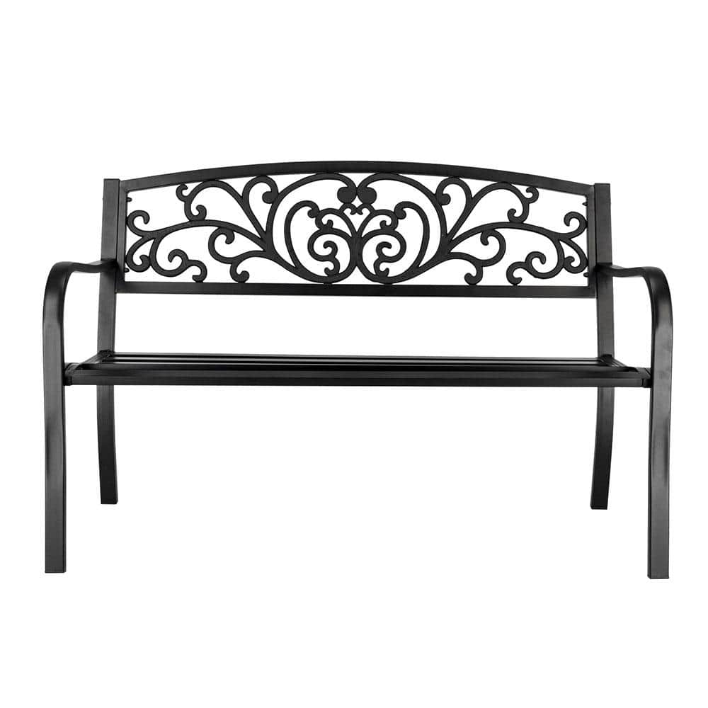 Black Powder Coated Steel Outdoor Bench with Cast Iron Backrest