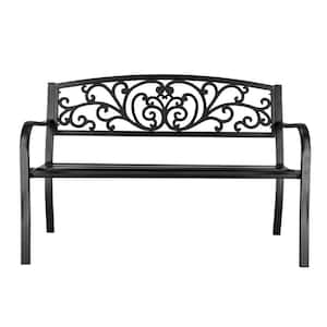 50 in. Metal Outdoor Courtyard Decoration Park Leisure Bench with Backrest and Armrests, Black