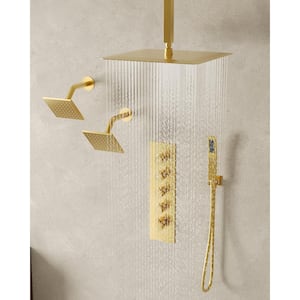 15-Spray Patterns Thermostatic 16, 6 in. Dual Shower Head Wall Mount Fixed Shower Head in Brushed Gold (Valve Included)