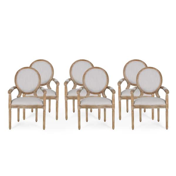 Noble House Huller Light Gray and Natural Wood and Fabric Arm Chair (Set of 6)