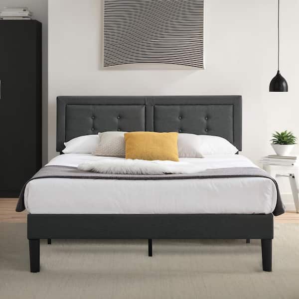 VECELO Metal Plus Wooden Bar Upholstered Premium Platform Bed Grey Finely Polyfabric Upholstered Queen Size Bed 60.4 in. W