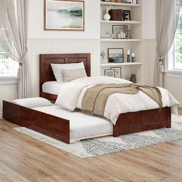 Canyon Walnut Brown Solid Wood Twin XL Platform Bed with Matching Footboard and Twin XL Trundle