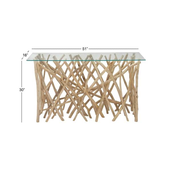 51 in. Brown Extra Large Rectangle Teak Wood Handmade Tree Branch Console Table with Clear Glass Top