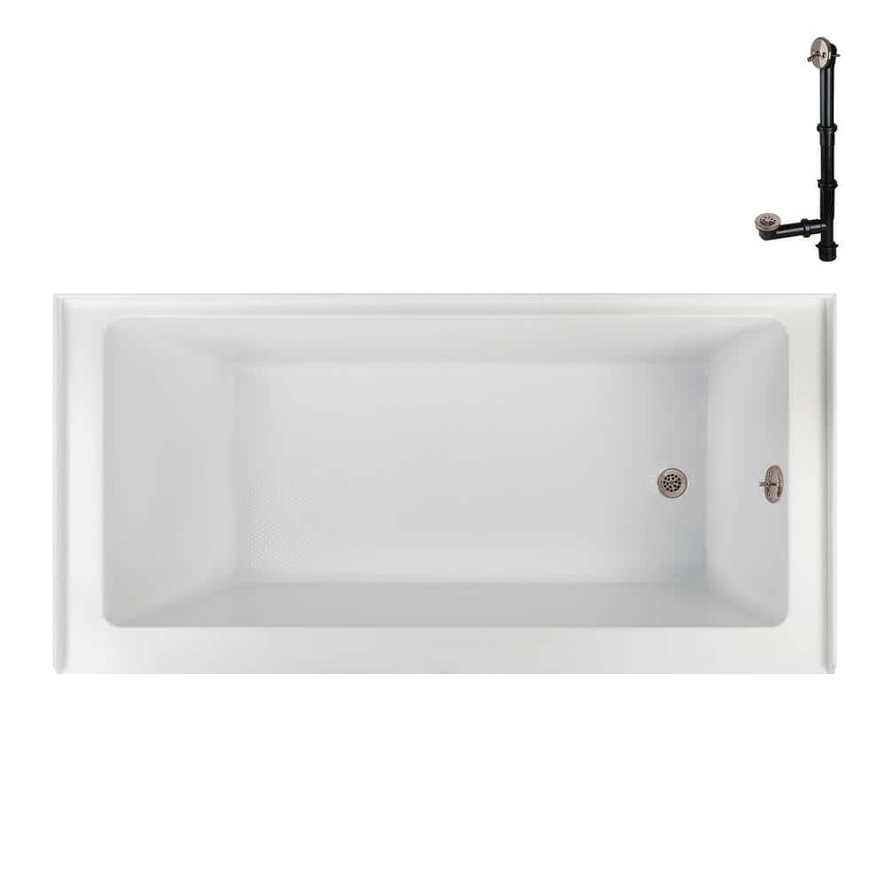 Glossy White Acrylic Right-Hand Drain Alcove Bathtub with Brushed Nickel External Drain
