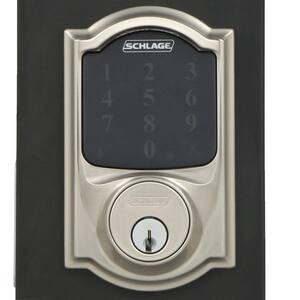 Camelot Satin Nickel Connect Z-Wave Plus Smart Wifi Deadbolt Door Lock and Accent Lever Handleset with Camelot Trim