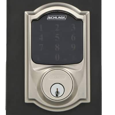 Camelot Satin Nickel Connect Z-Wave Plus Smart Deadbolt and Camelot Handleset with Accent Lever with Camelot Trim