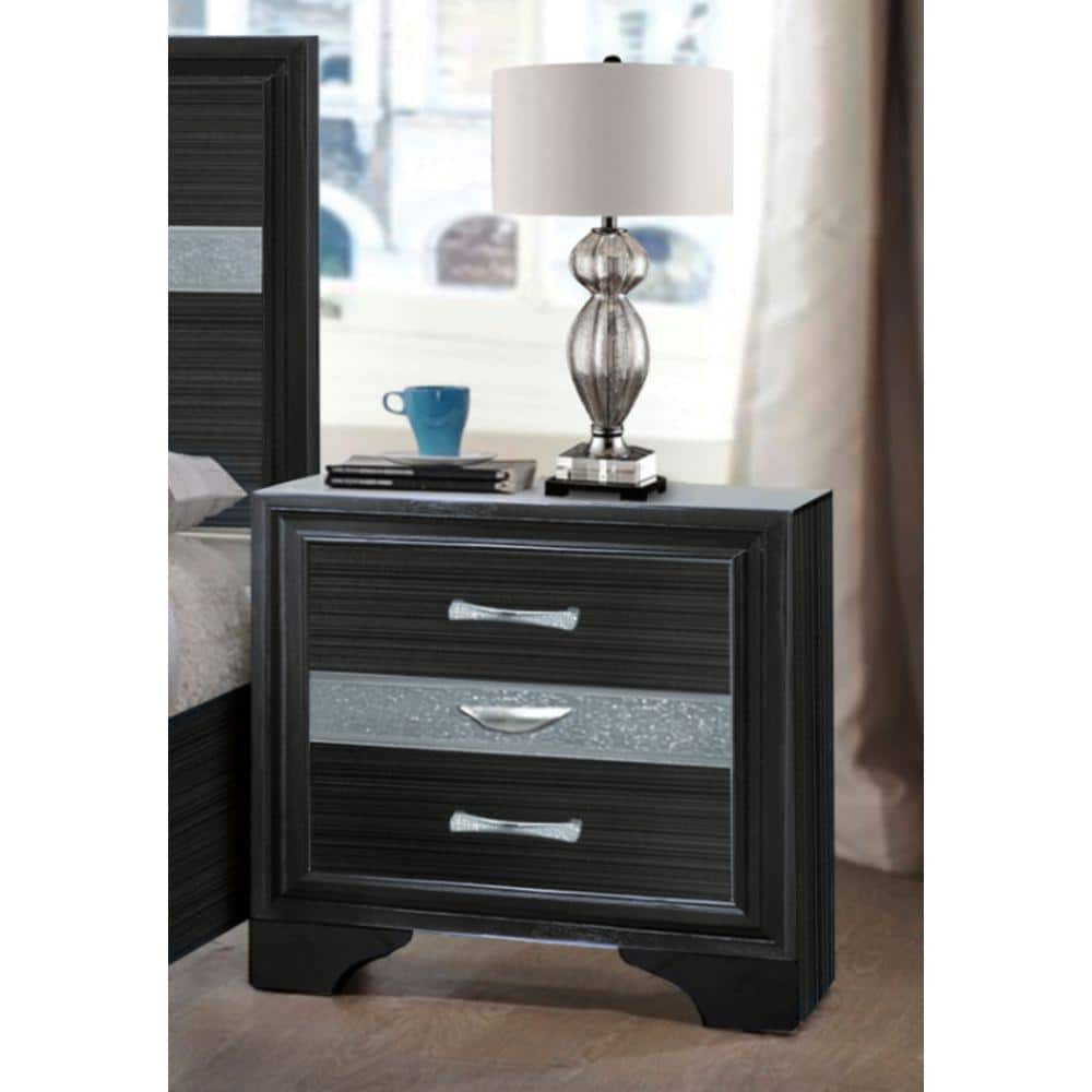 Storage 3-Drawer Black Wooden Convertible Legs Nightstand with DT English F