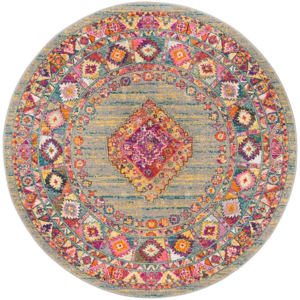 SAFAVIEH Madison Light Gray/Fuchsia 7 ft. x 7 ft. Round Bohemian Area Rug