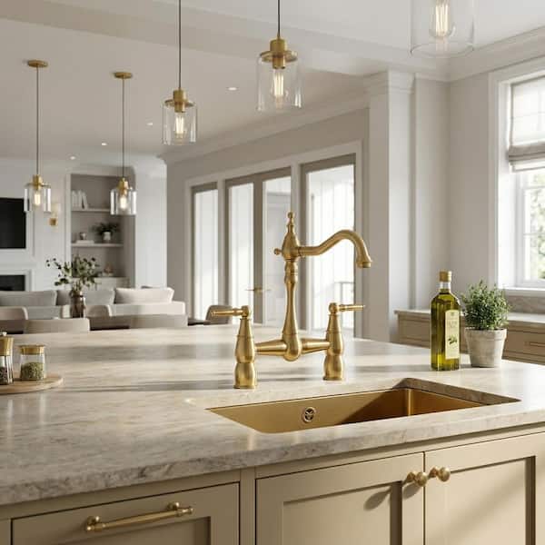 Vintage 2-Handle High Arc Bridge Kitchen Faucet with Hole Cover in Gold