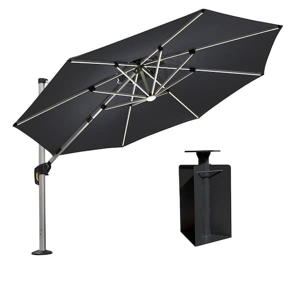 PURPLE LEAF 10 ft. Octagon Aluminum Solar Powered LED Patio Cantilever Offset Umbrella with Base in Ground, Gray