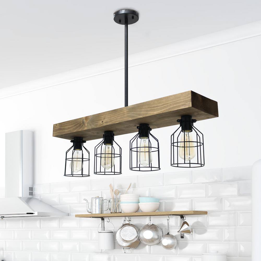 32" Black and Brown LED Rustic Wooden Beam Pendant Light