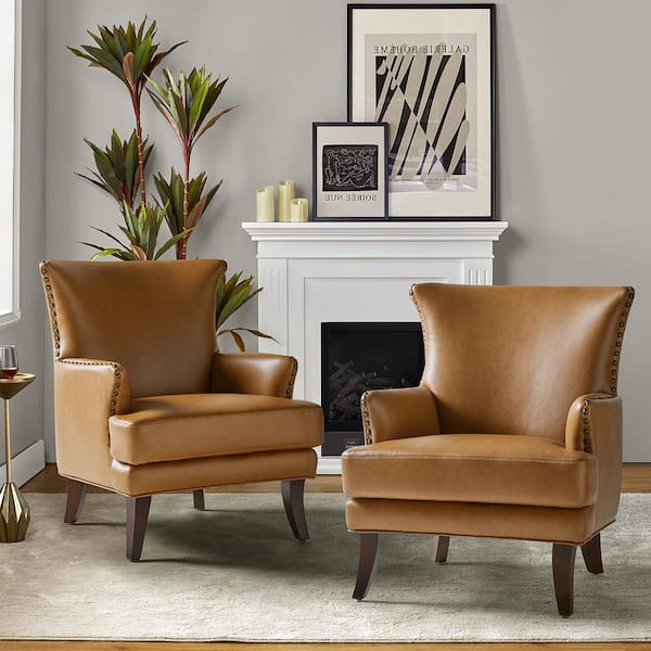 JAYDEN CREATION Bonnot Transitional Camel Faux Leather Wingback Armchair with Nailhead Trim and T-Cushion (Set of 2)