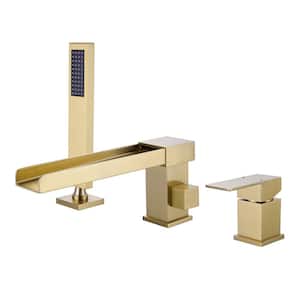 Single-Handle Tub Deck Mount Roman Tub Faucet with Handheld Shower Waterfall Brass Tub Filler in Brushed Gold