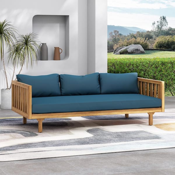 Unbranded Acacia Wood Outdoor Sofa Bed Patio Day Bed with Teal Cushions