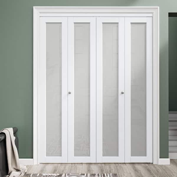 64 in. x 80 in. 1-Lite Frosted Glass Solid Core MDF White Finished Closet Bi-Fold Door with Hareware