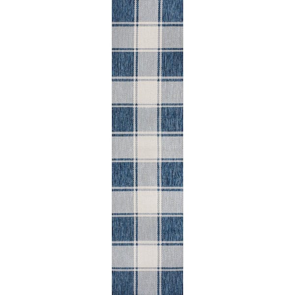 Sabine Navy/Cream 2 ft. x 8 ft. Traditional Farmhouse Bold Gingham Indoor/Outdoor Runner Rug
