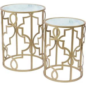 16.55 in. Golden Metal Cylindrical Nested Coffee Table with Glass Top (2-Piece set)