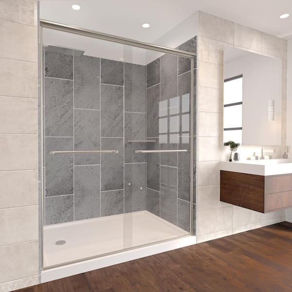 NuVo Slate Grey-Rainier 60-in x 32-in x 83-in Base/Wall/Door Rectangular Alcove Shower Stall/Kit Brushed Nickel Left