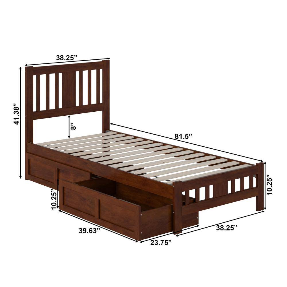 Walnut Wood Twin XL Bed with Headboard and 2 Drawers