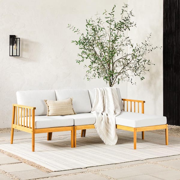 Natural 3-Piece Eucalyptus Wood Modern Spindle Outdoor Patio Sectional Seating Set with Light Pewter Cushions
