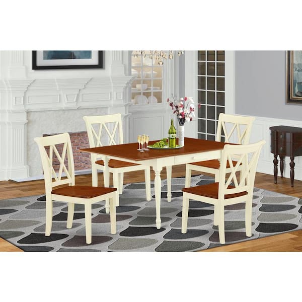 East West Furniture 5-Piece Buttermilk and Cherry Solid Wood Top-Dining Room Set with Dropleaf-Seats 4