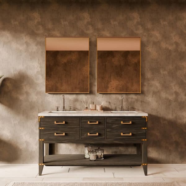 Irvington 60 in W x 22 in D Black Oak Double Bath Vanity, Carrara Marble Top, and 28 in Mirrors