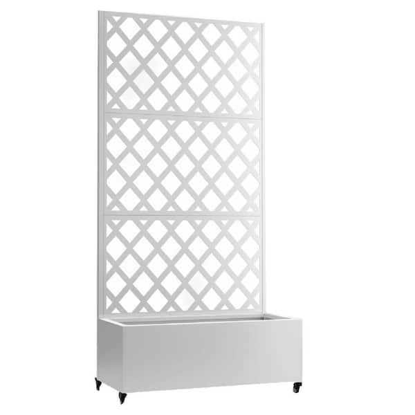 73 in. x 35 in. Raised Garden Bed with Trellis Metal Planter Box Drainage Holes Outdoor Planter Box on Wheels White