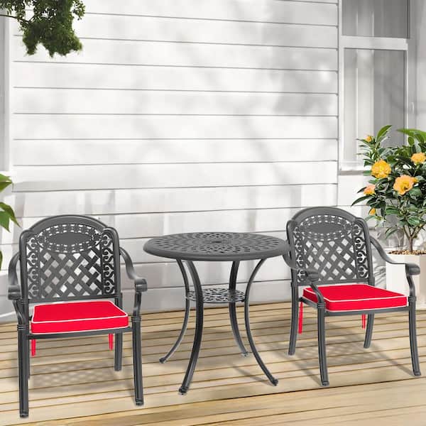 Willit Isabella Black 3-Piece of Cast Aluminum Outdoor Dining Set with 30.71 in. Round Table and Red Seat Cushions