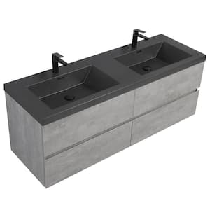 Lodi 60 in. W x 20 in. D x 16 in. H Double Floating Bathroom Vanity with Black Quartz Sand Top in Grey Assembled