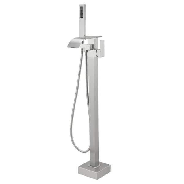 Waterfall Single Handle Floor Mount Freestanding Tub Faucet with Hand Shower in Brushed Nickel