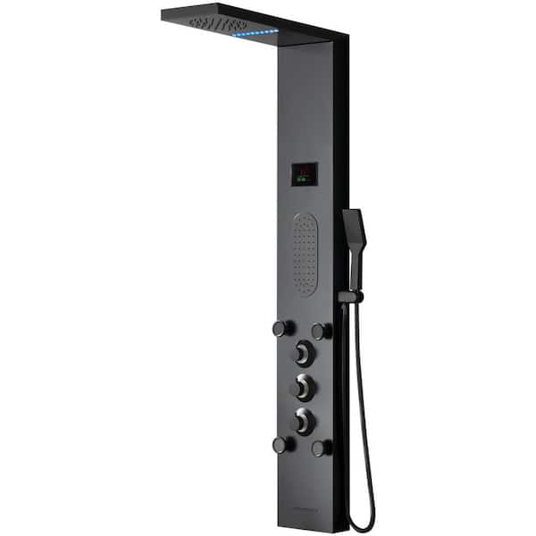 BWE 5-Jet Rainfall Shower Panel System with Rainfall Shower Head and Shower Wand Shower Tower With LED Light in Matte Black