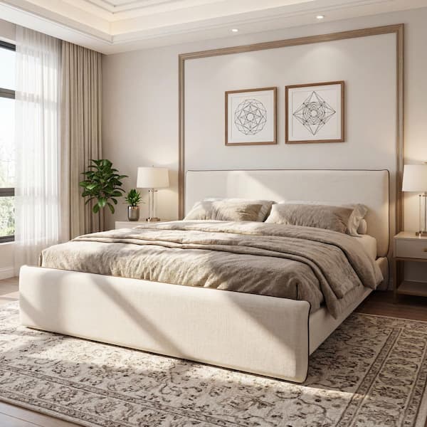 Ivro Modern Beige Linen Fabric Upholstered Wood Frame King Size Platform Bed with Thick Headboard