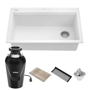 Bellucci 33" Drop-In Granite Single Bowl Kitchen Sink in White with WasteGuard Continuous Feed Garbage Disposal