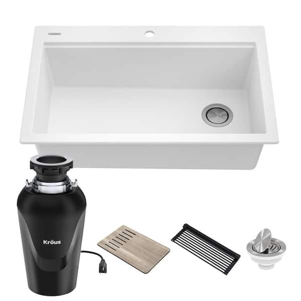 KRAUS Bellucci 33" Drop-In Granite Single Bowl Kitchen Sink in White with WasteGuard Continuous Feed Garbage Disposal