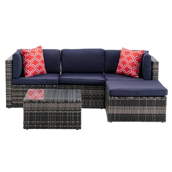 HOMEFUN 5-Piece Gray Mix Rattan Wicker Patio Conversation Sectional Seating Set with Navy Blue Cushion Glass Table and Pillows
