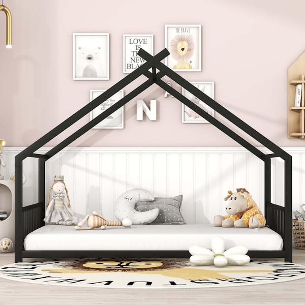 Black Metal Frame Full Platform Bed with Roof