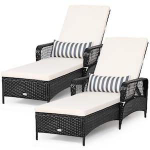2-Piece Plastic Wicker Outdoor Chaise Lounge Recliner with Off-White Cushions Adjustable