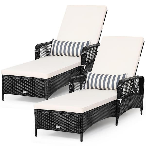 Costway 2-Piece Plastic Wicker Outdoor Chaise Lounge Recliner with Off-White Cushions Adjustable