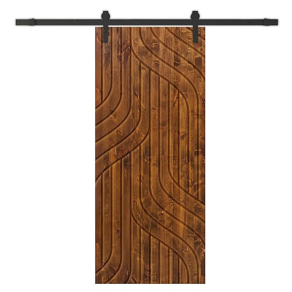CALHOME 42 in. x 96 in. Walnut Stained Pine Wood Modern Interior Sliding Barn Door with Hardware Kit