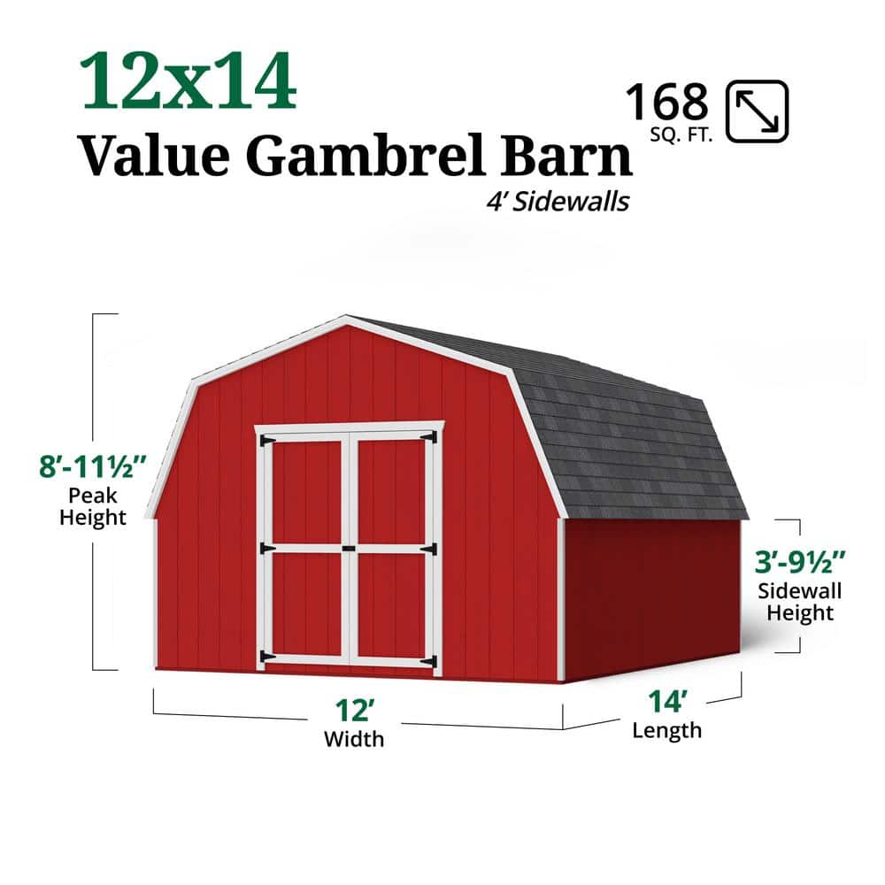 12x14 Red Wooden Gambrel Barn Storage Shed Kit