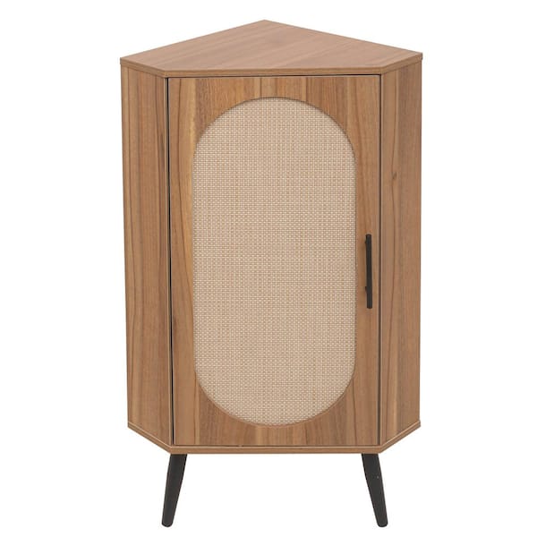 14.96 in. W x 15.75 in. D x 39.37 in. H Brown Linen Cabinet, Corner Cabinet with Rattan Door For Small Spaces-Walnut