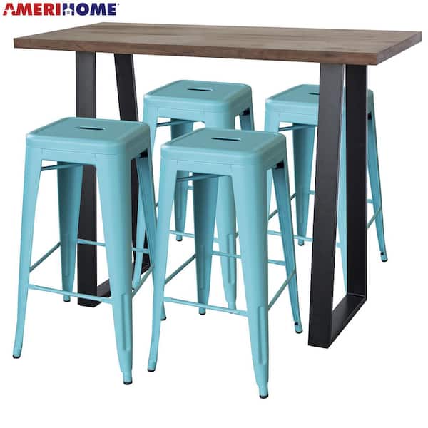 AmeriHome Teal Acacia Wood Top Bar Height Pub Set with Teal Bar Stools (Set of 5)
