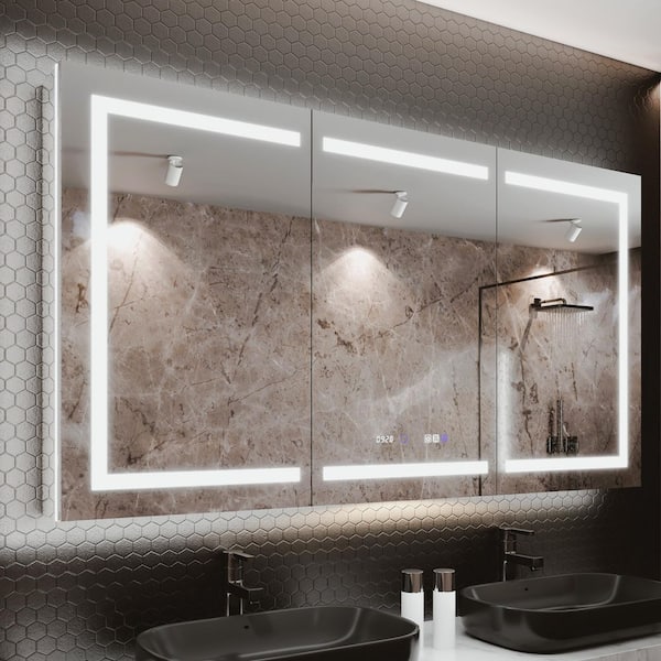 66 in. W x 36 in. H Rectangular Silver Aluminum Defogged Surface/Recessed Mount Dimmable Medicine Cabinet with Mirror